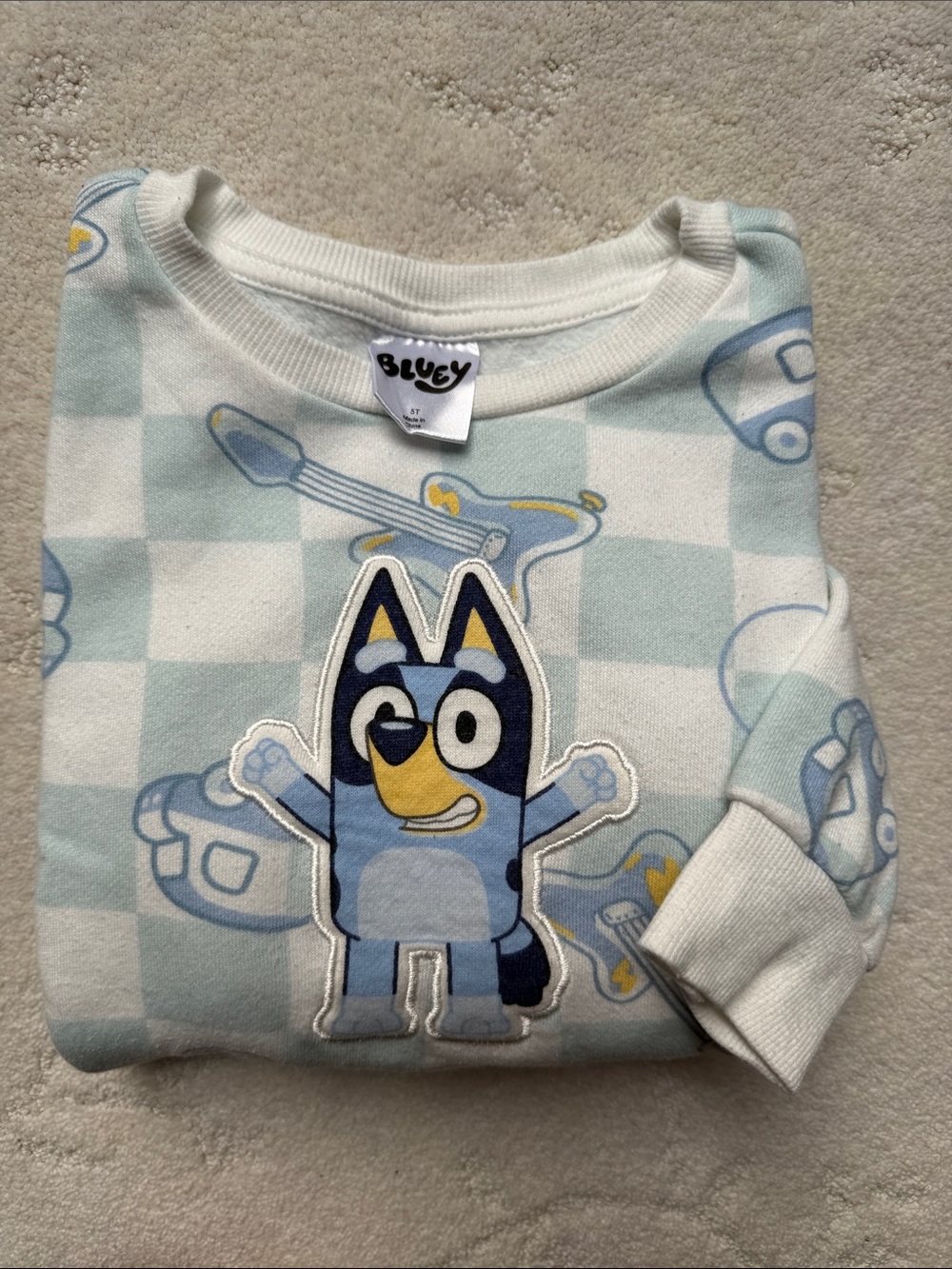 5T  Blue Checkered Kids Sweatshirt with Bluey Character, Used